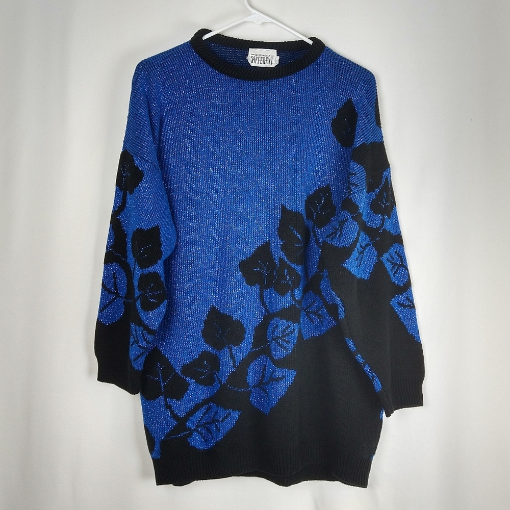 Vintage 80s 90s Neon Blue Black Knit Sweater Plus